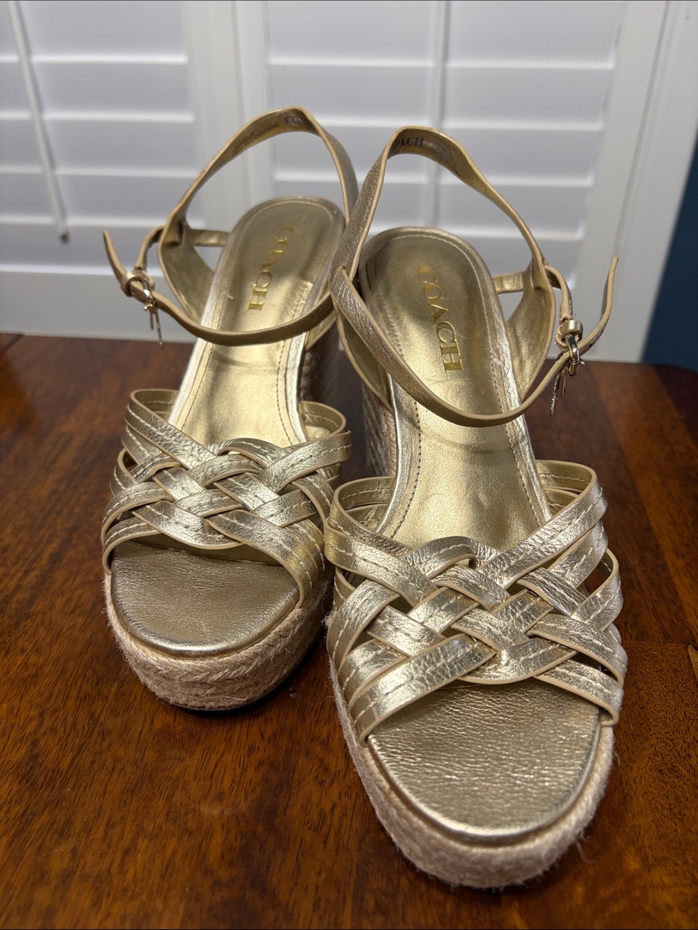 Coach Metallic Gold Braided Wedge Sandals